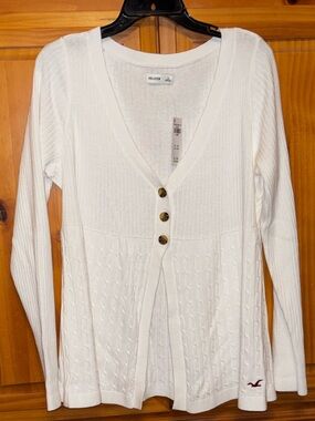 NWT Hollister White Ribbed V-Neck Button Cardigan XL